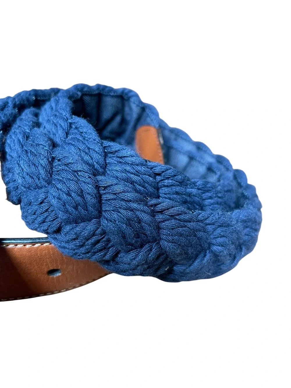 Jos A Bank Woven Leather Cotton Belt Men’s Sz 36 Blue Brown Golf Casual Denim